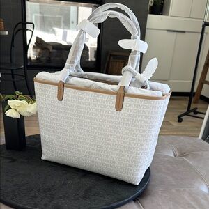 DKNY Tan and White Tote Bag with Leather Handles
